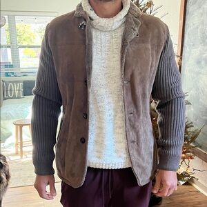 Men's Brown Suede Jacket with Gray Knit Sleeves